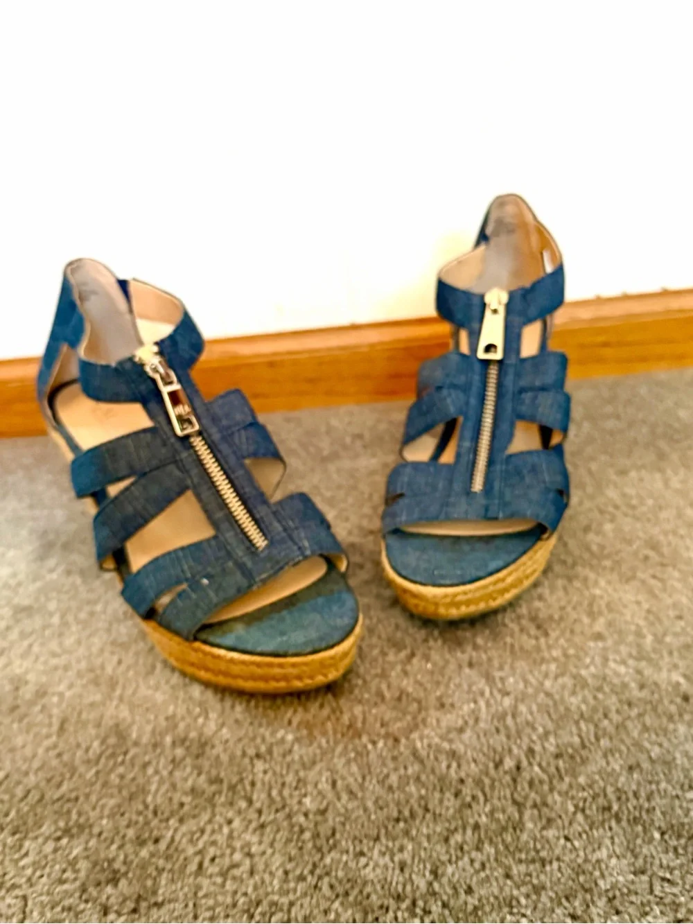 Lauren Ralph Lauren Denim Blue Espadrille Wedge Sandals with Front Zipper